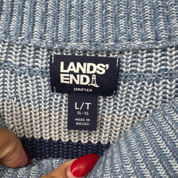 Lands’ End Women’s Drifter Cotton Sweater Blue Stripe Crew Neck Long Sleeve L - Picture 6 of 7